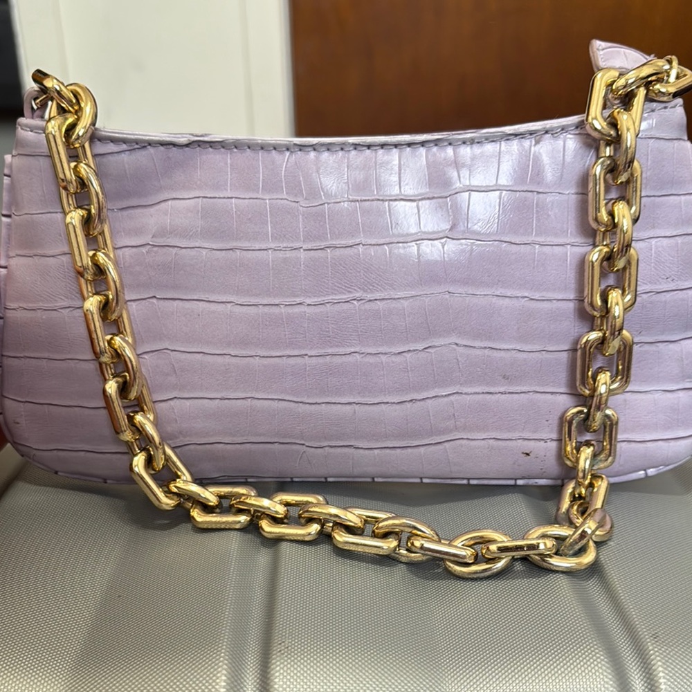 Lavender Croc-Embossed Bag with Gold Chain